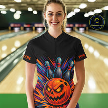 Load image into Gallery viewer, Funny Orange and Black Pumpkin Halloween Bowling Polo, 1/4 Zip Shirts For Women, Bowling Team Jersey NQS10470