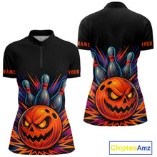 Load image into Gallery viewer, Funny Orange and Black Pumpkin Halloween Bowling Polo, 1/4 Zip Shirts For Women, Bowling Team Jersey NQS10470