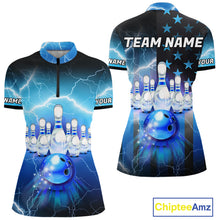 Load image into Gallery viewer, Blue lightning thunder American flag Bowling shirts for Women Custom patriotic bowling team jersey NQS10148