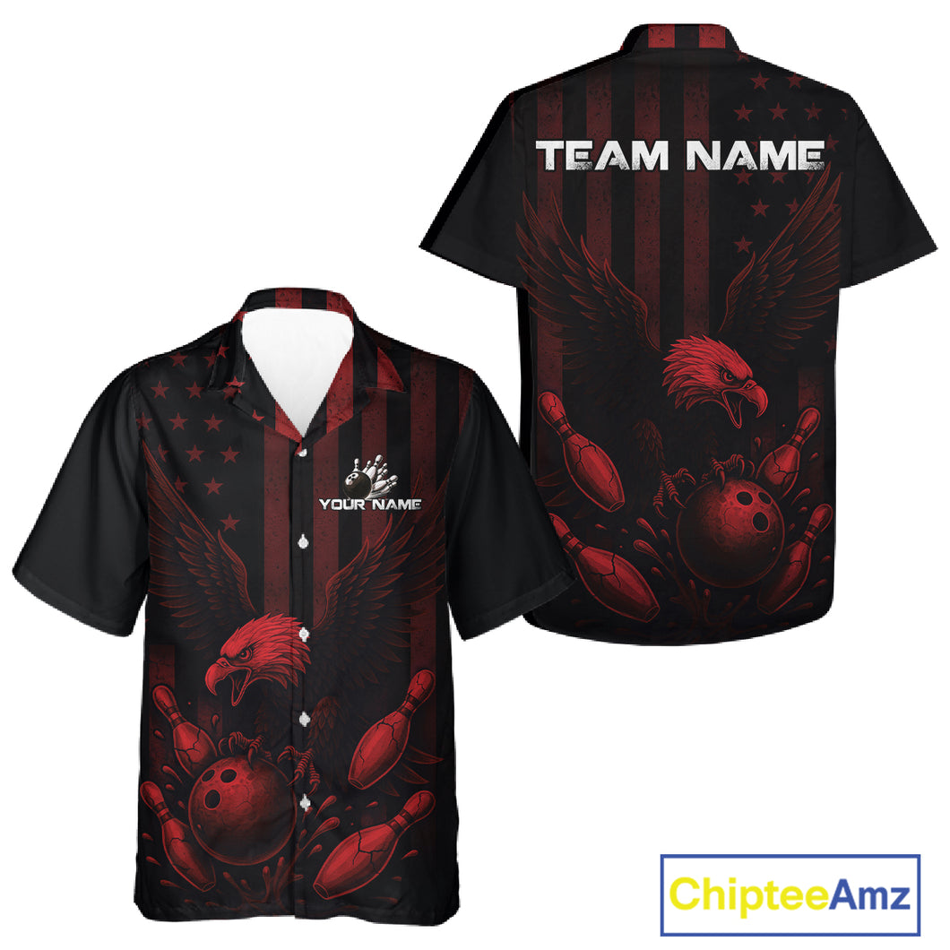 Black and Red American Flag Eagle Bowling Hawaiian Shirt Custom Patriotic Team bowling shirt NQS10480