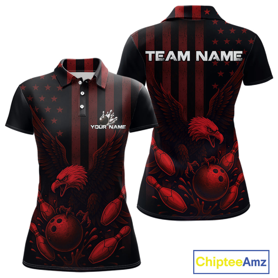 Black and Red American Flag Eagle Bowling Shirt For Women Custom Patriotic Team bowling jerseys NQS10480