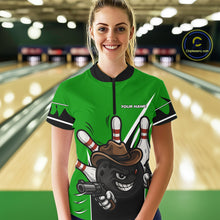 Load image into Gallery viewer, Funny Cowboy gun bowling ball and pins Bowling shirt for Women Custom bowling team jersey | Green NQS10691