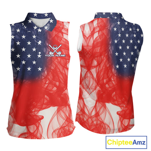 Custom Smoke American Flag Patriotic Golf Sleeveless Polo Shirt, Personalized Ladies Golf top NQS10497