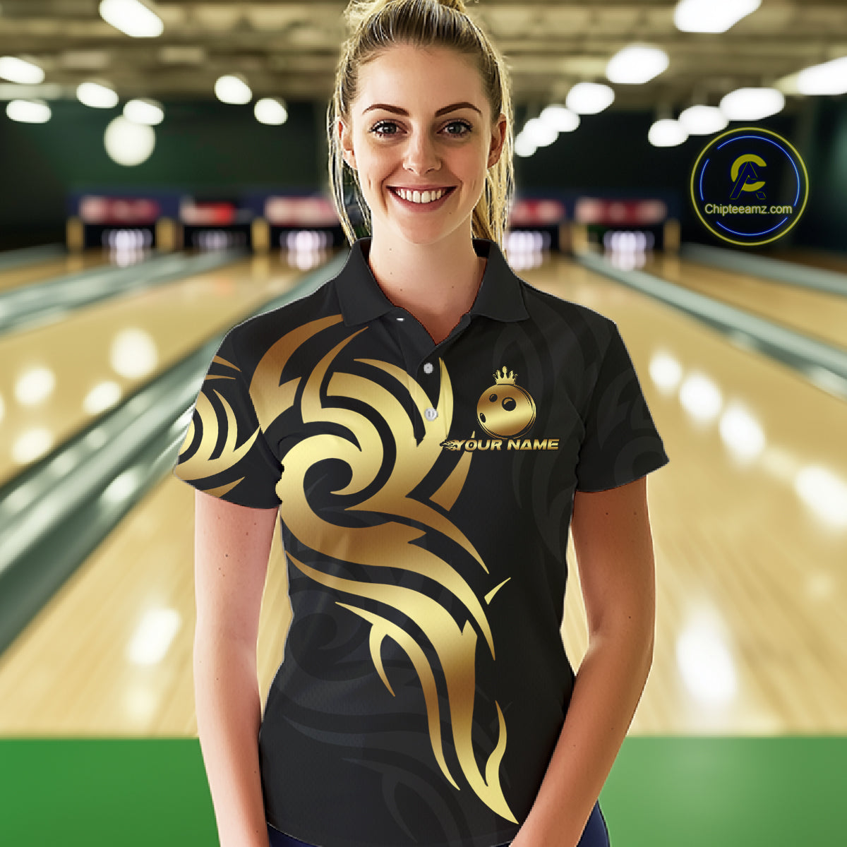 Black and Gold crown Bowling ball Polo, Quarter Zip Shirts for Women Custom Bowling Team jerseys NQS10499