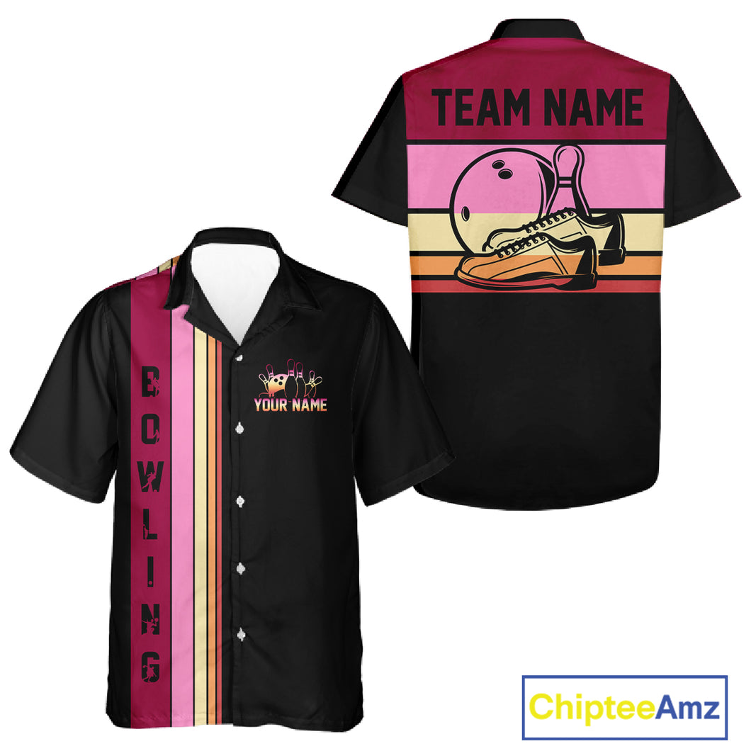 Black and Pink Retro Bowling Hawaiian Shirts Custom Team Bowling League Jerseys NQS10503