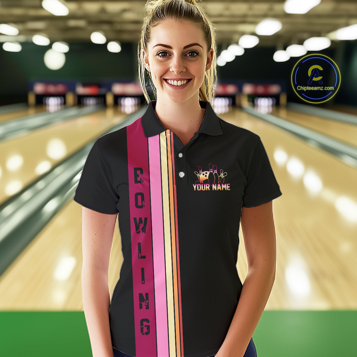 Black and Pink Retro Bowling Polo, Quarter Zip Shirts for Women Custom Team Bowling League Jerseys NQS10503