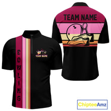Load image into Gallery viewer, Black and Pink Retro Bowling Polo, Quarter Zip Shirts for Men Custom Team Bowling League Jerseys NQS10503
