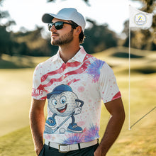 Load image into Gallery viewer, Funny Golf Ball Watercolor red, white and blue Mens golf polo shirts custom patriotic fun golf shirts NQS10293