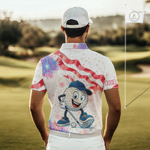 Load image into Gallery viewer, Funny Golf Ball Watercolor red, white and blue Mens golf polo shirts custom patriotic fun golf shirts NQS10293