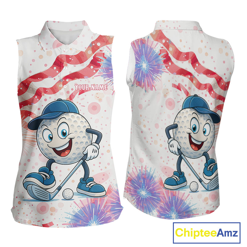 Funny Golf Ball Watercolor red, white and blue Sleeveless Polo Shirt custom patriotic fun golf shirts NQS10293