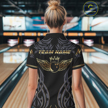 Load image into Gallery viewer, Personalized Black And Gold tribal pattern Bowling Shirts For Women, angel wings Bowling Team jerseys NQS10298