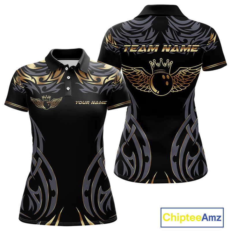 Personalized Black And Gold tribal pattern Bowling Shirts For Women, angel wings Bowling Team jerseys NQS10298
