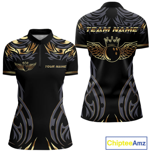 Personalized Black And Gold tribal pattern Bowling Shirts For Women, angel wings Bowling Team jerseys NQS10298