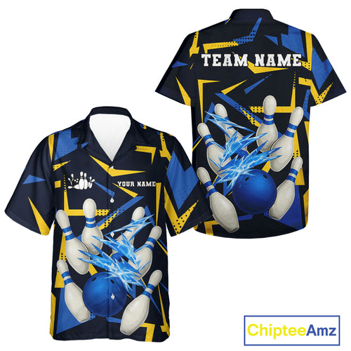 Personalized Blue and Yellow camo lightning thunder Bowling Hawaiian Shirt Custom Bowling Team jersey NQS10305