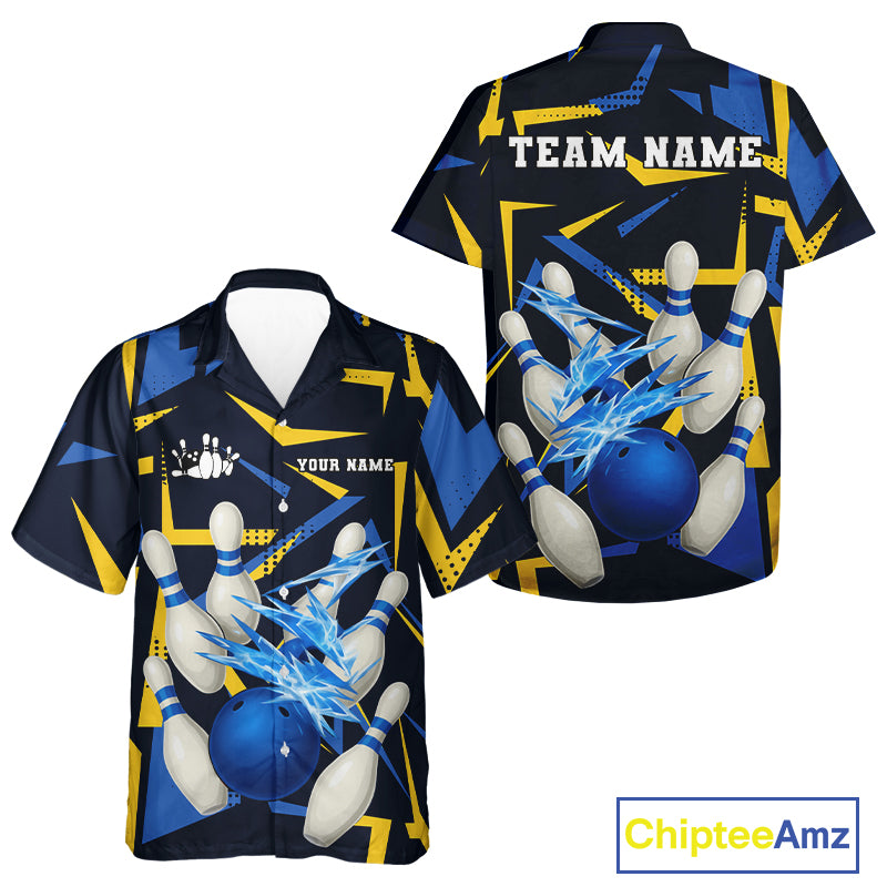 Personalized Blue and Yellow camo lightning thunder Bowling Hawaiian Shirt Custom Bowling Team jersey NQS10305
