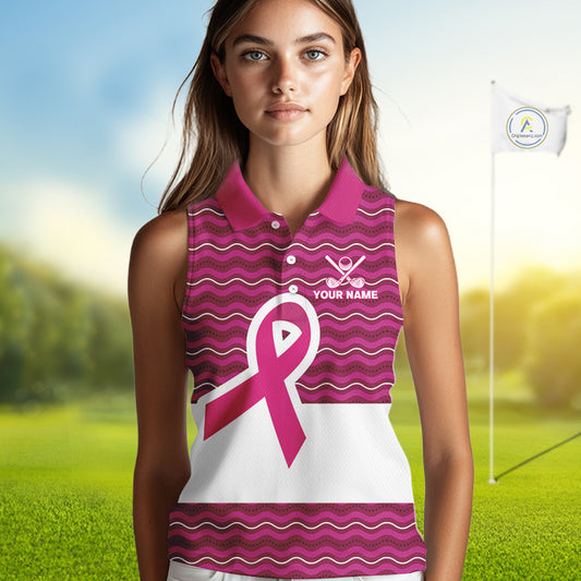 Pink ribbon Sleeveless polo golf shirts Custom Breast cancer awareness team golf attire for ladies NQS10509