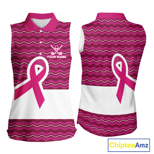 Pink ribbon Sleeveless polo golf shirts Custom Breast cancer awareness team golf attire for ladies NQS10509