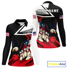 Load image into Gallery viewer, Black and Red American Flag Eagle Bowling Shirts for Women Custom patriotic Team Bowling Jersey NQS10517