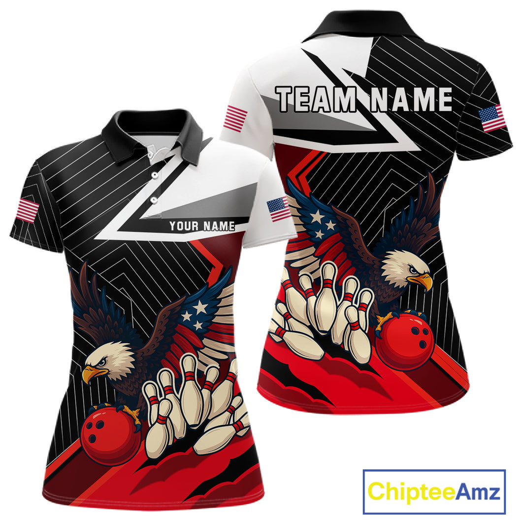 Black and Red American Flag Eagle Bowling Shirts for Women Custom patriotic Team Bowling Jersey NQS10517