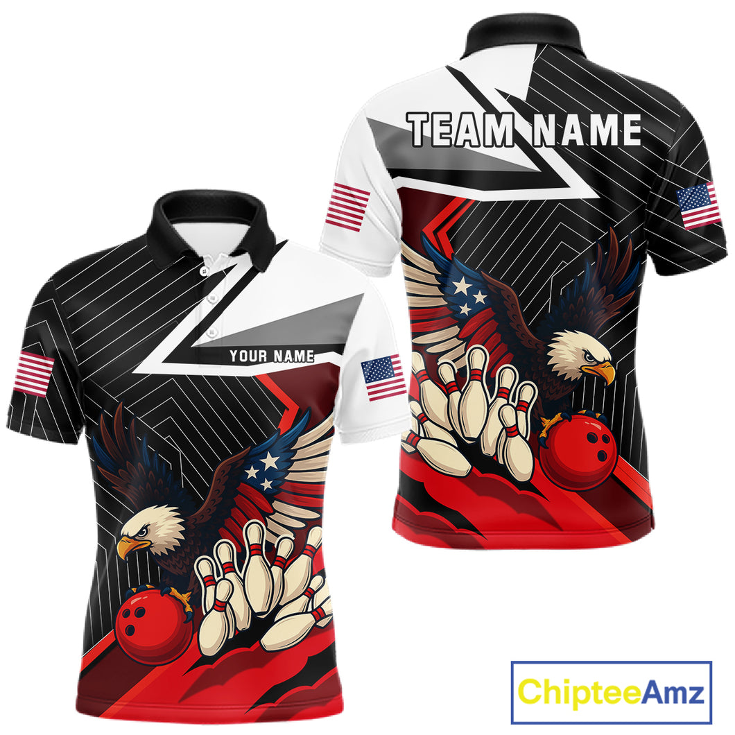 Black and Red American Flag Eagle Bowling Shirts for Men Custom patriotic Team Bowling League Jersey NQS10517