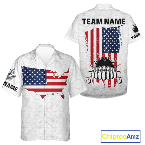 Personalized American Flag White Bowling Hawaiian shirt Custom patriotic Team Bowling button up shirt NQS10184