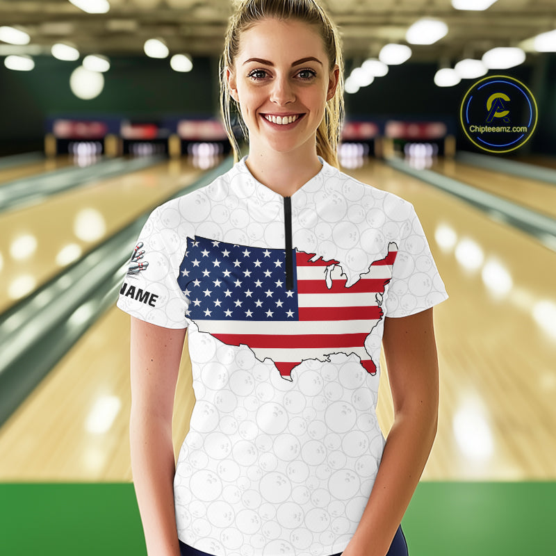 Personalized American Flag White Bowling Shirts For Women Custom patriotic Team Bowling jerseys NQS10184