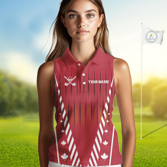 Red and White maple leaf Canadian Women sleeveless polo shirt Custom Patriotic Golf attire For ladies NQS10185