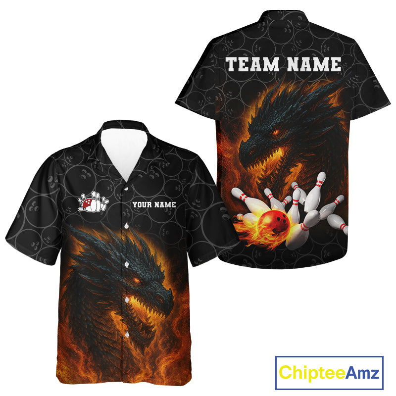 Custom Black Camo Flame Dragon Bowling Team Hawaiian Shirts, Bowling Uniform gift for bowlers NQS10320