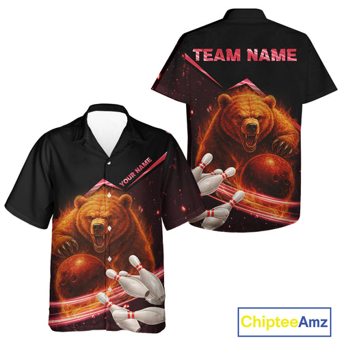 Custom Flame Bear Bowling Team Hawaiian Shirts, Team Bowling Uniform Button Up Shirt NQS10321