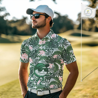 Green tropical leaf pattern pink flower funny Golf polo shirts For Men Custom mens golf outfits NQS10023