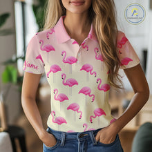 Load image into Gallery viewer, Personalized pink gradient Flamingo pattern Women golf polo shirt Custom golf team theme outfits NQS10324