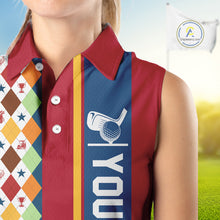 Load image into Gallery viewer, Retro colorful argyle pattern Women sleeveless polo shirt custom Team Golf Outfits for ladies | Red NQS10327