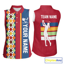 Load image into Gallery viewer, Retro colorful argyle pattern Women sleeveless polo shirt custom Team Golf Outfits for ladies | Red NQS10327
