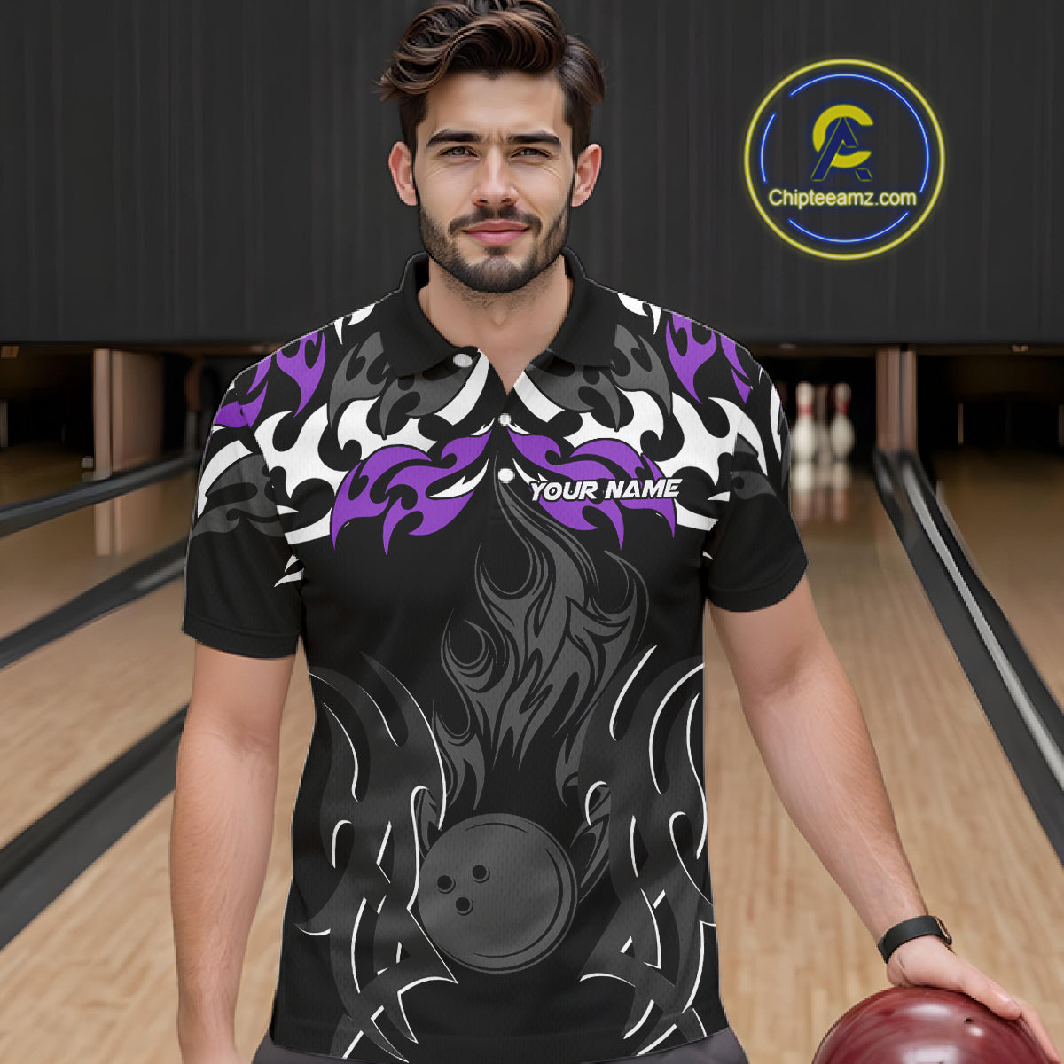 Black and Purple Flame Bowling Polo, Quarter Zip shirt for men Custom Team bowling jersey bowler gift NQS10535