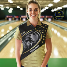 Load image into Gallery viewer, Black and Gold Flame Bowling ball Polo, Quarter Zip Shirts for Women Custom Bowling Team jerseys NQS10029