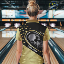 Load image into Gallery viewer, Black and Gold Flame Bowling ball Polo, Quarter Zip Shirts for Women Custom Bowling Team jerseys NQS10029