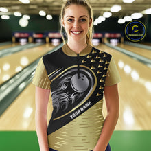 Load image into Gallery viewer, Black and Gold Flame Bowling ball Polo, Quarter Zip Shirts for Women Custom Bowling Team jerseys NQS10029