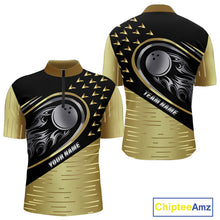 Load image into Gallery viewer, Black and Gold Flame Bowling ball Polo, Quarter Zip Shirts for Men Custom Bowling Team jerseys NQS10029