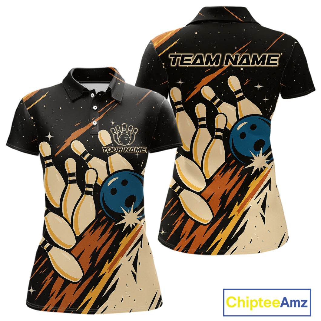 Retro Black galaxy Womens Bowling Polo, Quarter Zip shirts custom vintage bowling team league jerseys NQS10547