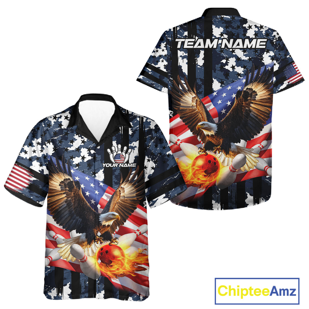 Blue Camo American Flag Eagle Flame Bowling Hawaiian shirt Custom Patriotic Bowling Team Shirts NQS10551