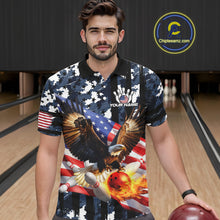 Load image into Gallery viewer, Blue Camo American Flag Eagle Flame Bowling Shirts For Men Custom Patriotic Bowling Team Shirts NQS10551