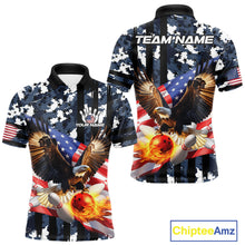 Load image into Gallery viewer, Blue Camo American Flag Eagle Flame Bowling Shirts For Men Custom Patriotic Bowling Team Shirts NQS10551