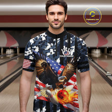 Load image into Gallery viewer, Blue Camo American Flag Eagle Flame Bowling Shirts For Men Custom Patriotic Bowling Team Shirts NQS10551
