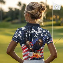 Load image into Gallery viewer, Blue Camo American Flag Eagle Flame Women Golf Polo Shirt Custom Patriotic Team Ladies Golf Outfit NQS10552