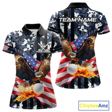 Load image into Gallery viewer, Blue Camo American Flag Eagle Flame Women Golf Polo Shirt Custom Patriotic Team Ladies Golf Outfit NQS10552