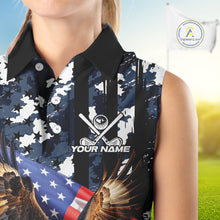 Load image into Gallery viewer, Blue Camo American Flag Eagle Flame Sleeveless polo Shirt Custom Patriotic Team Ladies Golf Outfit NQS10552