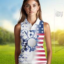 Load image into Gallery viewer, Red, White &amp; Blue American Flag Women Sleeveless Golf polo shirts, patriotic Ladies Golf Outfit NQS10035