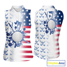 Load image into Gallery viewer, Red, White &amp; Blue American Flag Women Sleeveless Golf polo shirts, patriotic Ladies Golf Outfit NQS10035