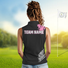Load image into Gallery viewer, Black and pink ribbon Breast Cancer Awareness golf shirts custom Women sleeveless golf polo shirt NQS10196