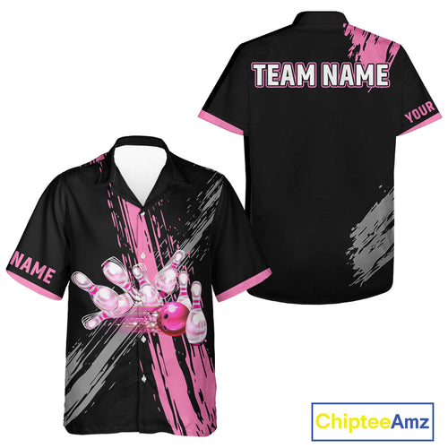 Black and pink ribbon Breast Cancer Awareness Bowling Hawaiian shirt custom team bowling shirt NQS10197